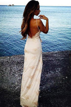 Spaghetti Straps Floor Length Backless Side Slit Appliques Prom Dresses