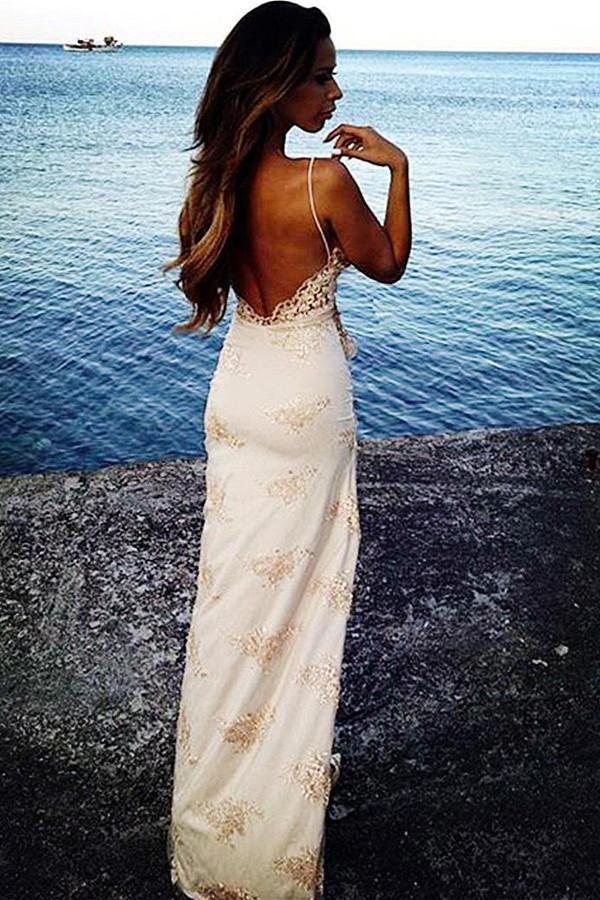 Spaghetti Straps Floor Length Backless Side Slit Appliques Prom Dresses