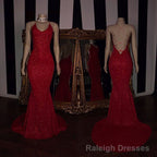 Sexy Spaghetti Straps Red Mermaid Prom Dress Sequins Chiffon Long