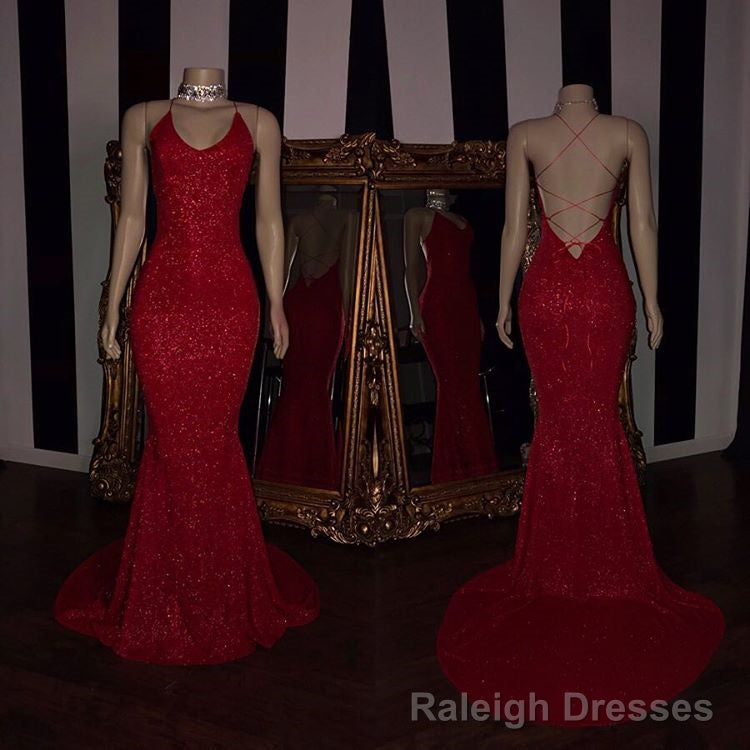 Sexy Spaghetti Straps Red Mermaid Prom Dress Sequins Chiffon Long