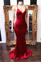 Sexy Spaghetti Straps V-Neck Mermaid Prom Dress Red Long Chiffon