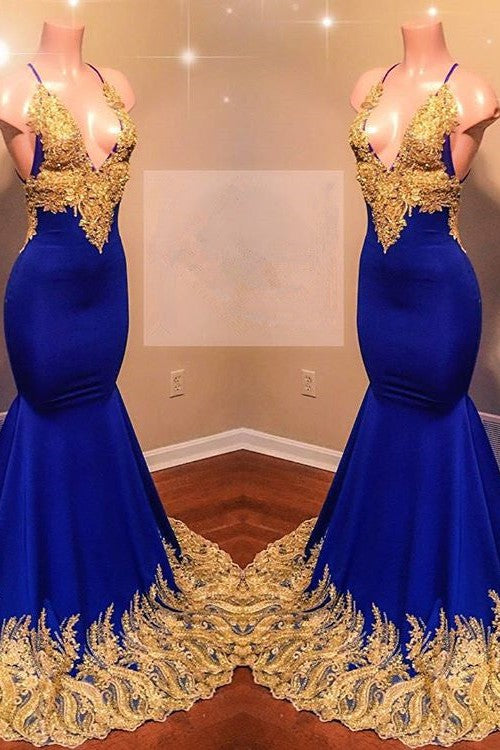 Sexy Spaghetti Straps V-Neck Mermaid Prom Dress Sequins Blue Long Chiffon Secondary image