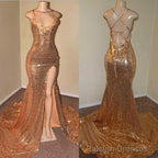 Sexy Spaghetti Straps V Neck Mermaid Prom Dress Sequins Long Chiffon Gold With Split