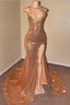 Sexy Spaghetti Straps V Neck Mermaid Prom Dress Sequins Long Chiffon Gold With Split