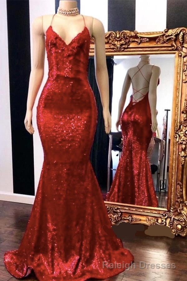 Sexy Spaghetti Straps V Neck Mermaid Prom Dress Sequins Red Long