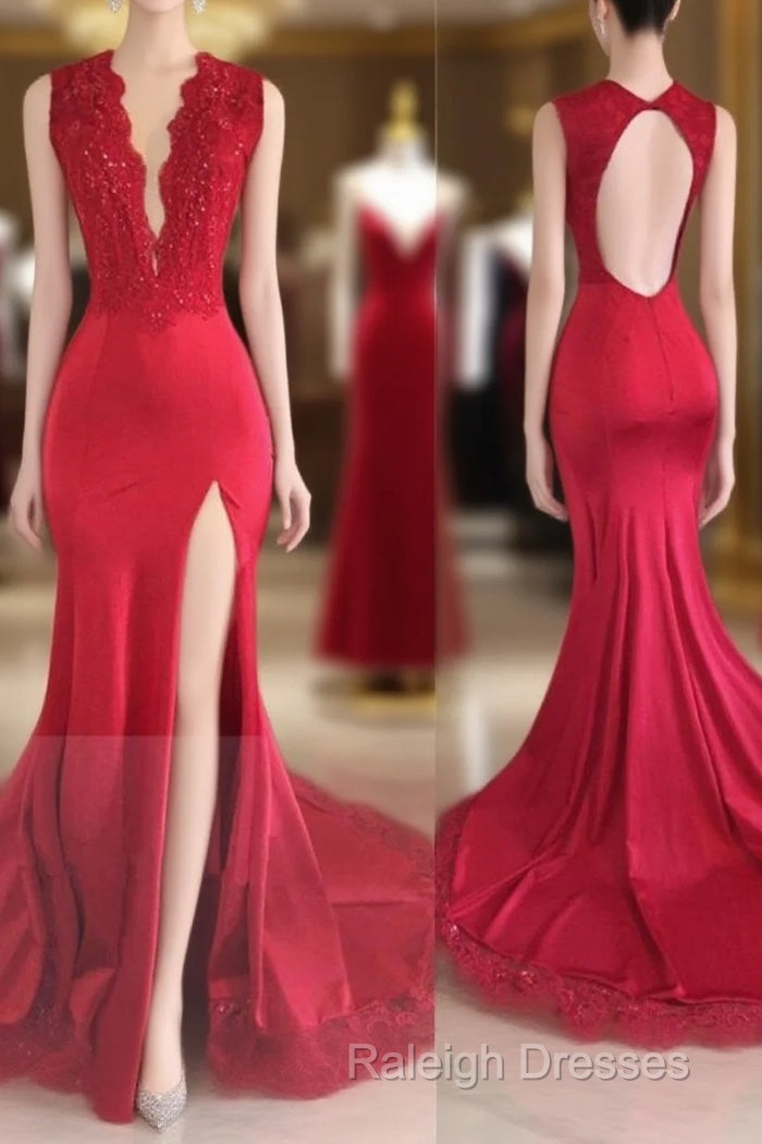 Sexy Split Backless V-Neck Lace Red Prom Dresses Main image