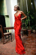 Red Backless Prom Dresses Long With Ruffle