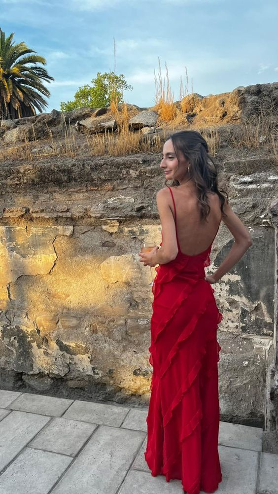 Red Backless Prom Dresses Long With Ruffle