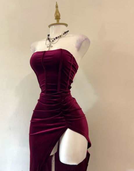 Strapless Slit Prom Dresses Burgundy Birthday Dresses