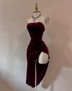 Strapless Slit Prom Dresses Burgundy Birthday Dresses