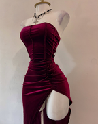 Strapless Slit Prom Dresses Burgundy Birthday Dresses