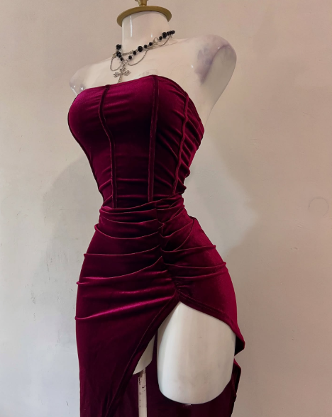 Strapless Slit Prom Dresses Burgundy Birthday Dresses