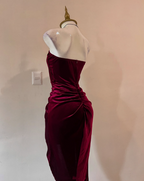 Strapless Slit Prom Dresses Burgundy Birthday Dresses