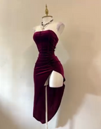 Strapless Slit Prom Dresses Burgundy Birthday Dresses