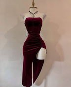 Strapless Slit Prom Dresses Burgundy Birthday Dresses