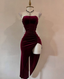 Strapless Slit Prom Dresses Burgundy Birthday Dresses