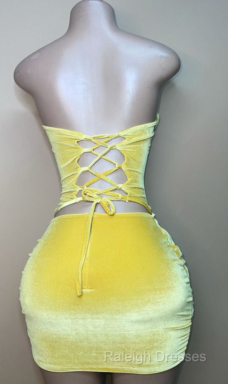Sexy Strapless Yellow Velvet Prom Dress ,Charming Homecoming Dress