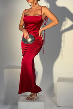 Sheath Spaghetti Straps Backless Navy Blue Satin Prom Dresses Prom Dresses