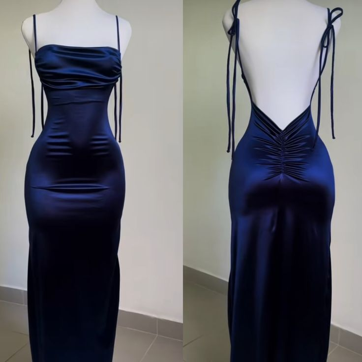 Sheath Spaghetti Straps Backless Navy Blue Satin Prom Dresses Prom Dresses