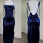 Sheath Spaghetti Straps Backless Navy Blue Satin Prom Dresses Prom Dresses
