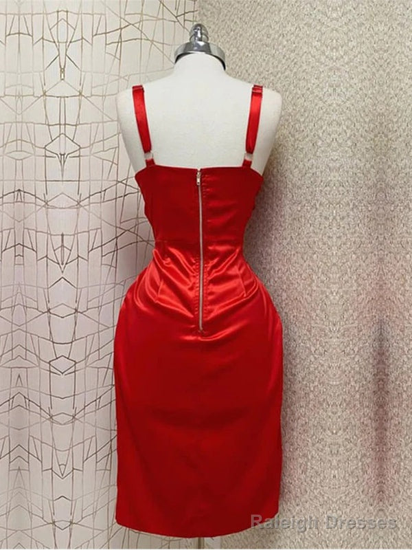 Straps Mermaid Sleeveless Satin Red Homecoming Dress With Side Slit