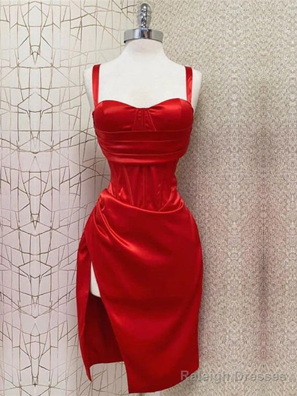 Sexy Straps Mermaid Sleeveless Satin Red Homecoming Dresses With Side Slit,