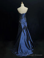 Sexy Sweetheart Sleeveless Mermaid Satin Long Navy Blue Prom Dresses