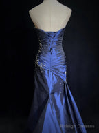 Sexy Sweetheart Sleeveless Mermaid Satin Long Navy Blue Prom Dresses