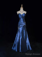 Sexy Sweetheart Sleeveless Mermaid Satin Long Navy Blue Prom Dresses