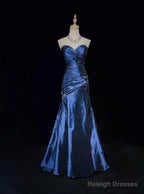 Sweetheart Sleeveless Mermaid Satin Long Navy Blue Prom Dress