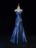 Sweetheart Sleeveless Mermaid Satin Long Navy Blue Prom Dress