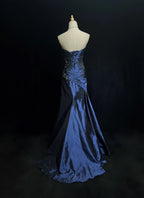 Sweetheart Sleeveless Mermaid Satin Long Navy Blue Prom Dress