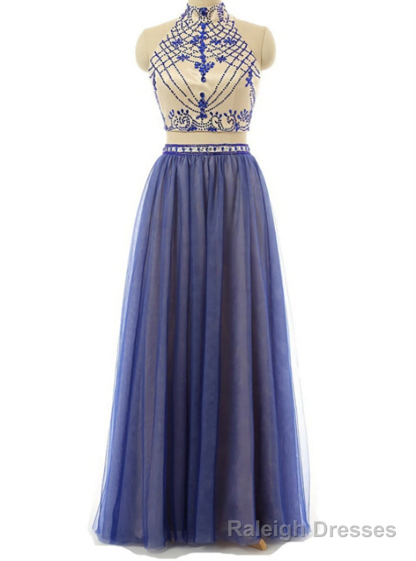 Sexy Two Piece Prom/Evening Dress Royal Blue Tulle Floor-Length Backless Beaded Party Dress Main image