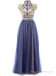 Sexy Two Piece Prom/Evening Dress Royal Blue Tulle Floor-Length Backless Beaded Party Dress