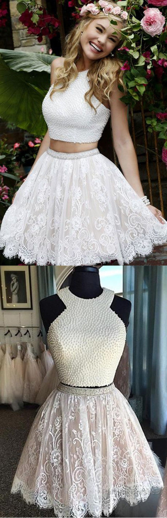 Sexy Two Pieces Halter Lace Skirt Pearls Bodice Cute Homecoming Dresses Secondary image