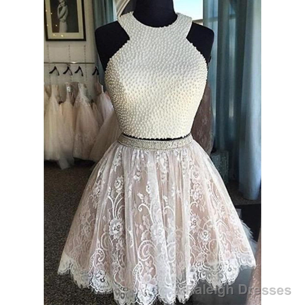 Sexy Two Pieces Halter Lace Skirt Pearls Bodice Cute Homecoming Dresses Main image