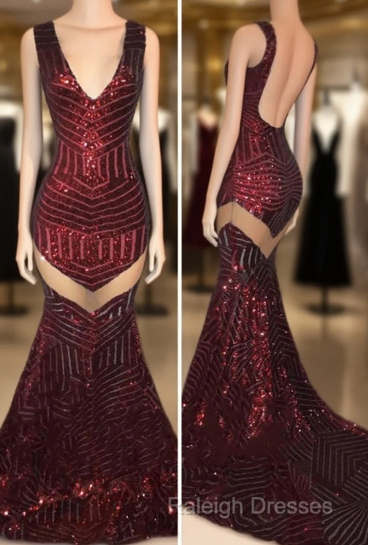 Sexy V-Neck Black Sequined Burgundy Prom Dresses Main image