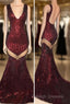 Sexy V-Neck Black Sequined Burgundy Prom Dresses