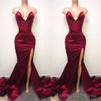 Sexy V Neck Chiffon Mermaid Prom Dress Long With Split Burgundy