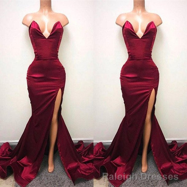 Sexy V Neck Chiffon Mermaid Prom Dress Long With Split Burgundy