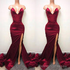 Sexy V-neck Chiffon Mermaid Prom Dress Long With Split Burgundy