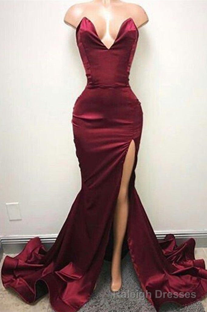 Sexy V-neck Chiffon Mermaid Prom Dress Long With Split Burgundy Main image