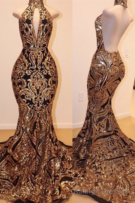 Sexy V Neck Halter Backless Mermaid Prom Dress Gold Sequins Long Backless Main image