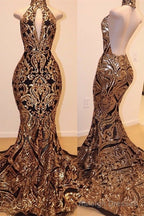 Sexy V Neck Halter Backless Mermaid Prom Dress Gold Sequins Long Backless