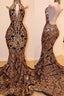 Sexy V Neck Halter Backless Mermaid Prom Dress Gold Sequins Long Backless