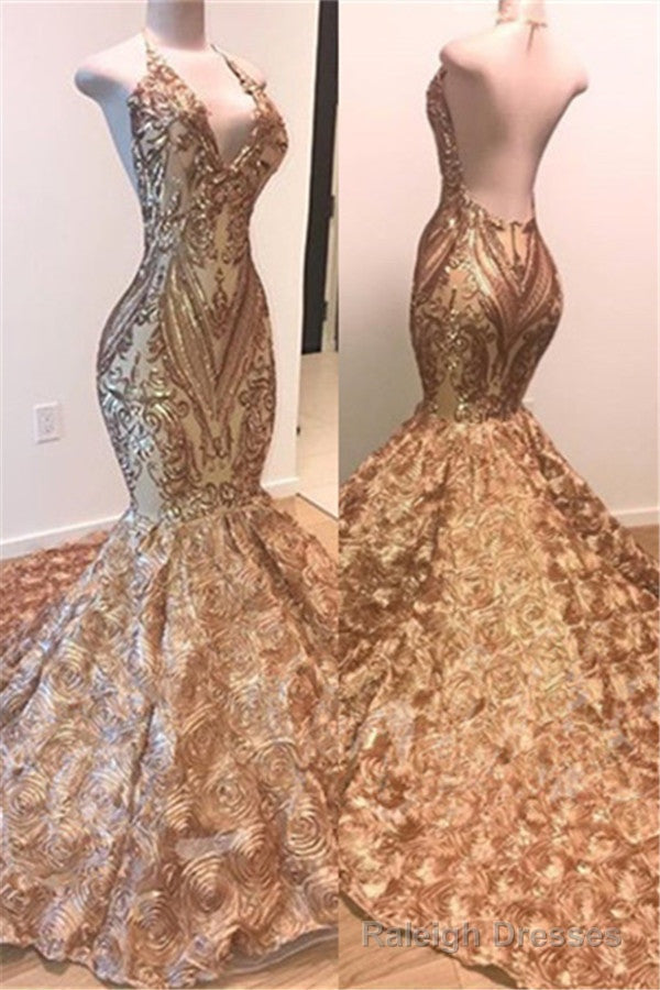 Sexy V-Neck Halter Gold Mermaid Prom Dress Sequins Backless Long Main image