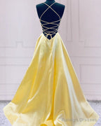 V Neck Open Back Satin Prom Dress