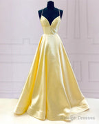 V Neck Open Back Satin Prom Dress