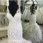 V Neck Organza Ruffles Mermaid Wedding Dress Lace