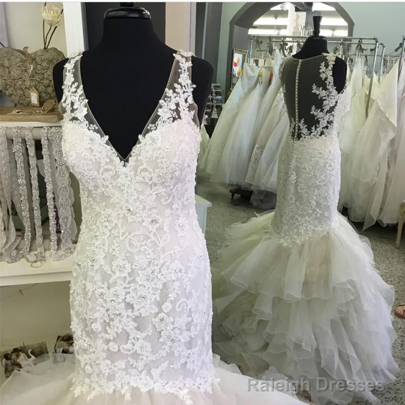 V Neck Organza Ruffles Mermaid Wedding Dress Lace